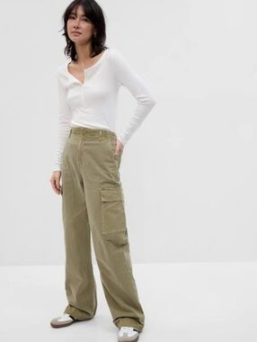 Gap Loose Khaki Cargo Pants Green High Rise Waist Wide Leg Baggy Size 6